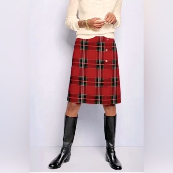 Talbots 8 Red/Green Classic Plaid A-Line Mock Wrap Skirt - Picture 9 of 9